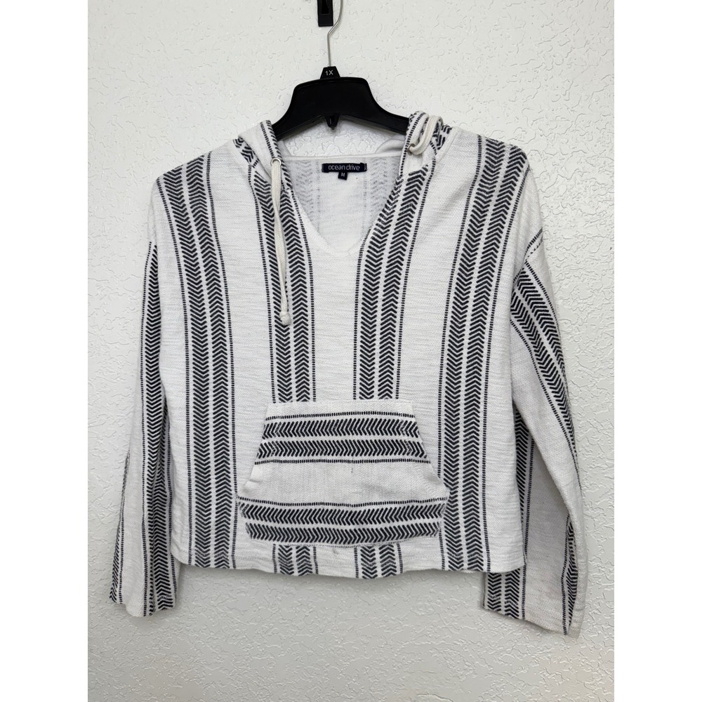 Ocean Drive Womens Striped Hooded Pullover‎ Top Boho Festival Medium